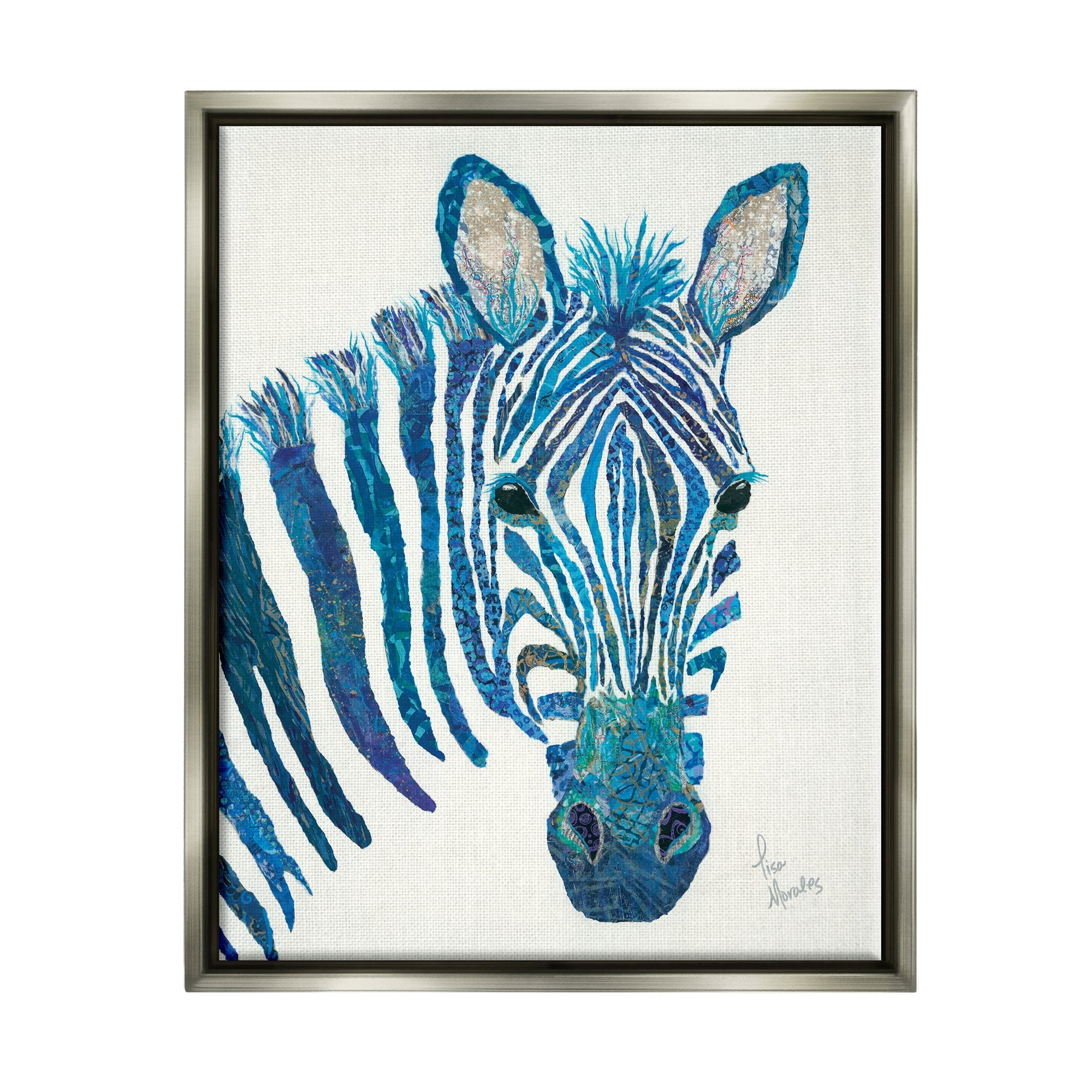 Stupell Industries Blue Zebra Stripes Wildlife Collage Portrait Graphic Art Luster Gray Floating Framed Canvas Print Wall Art, Design by Lisa Morales