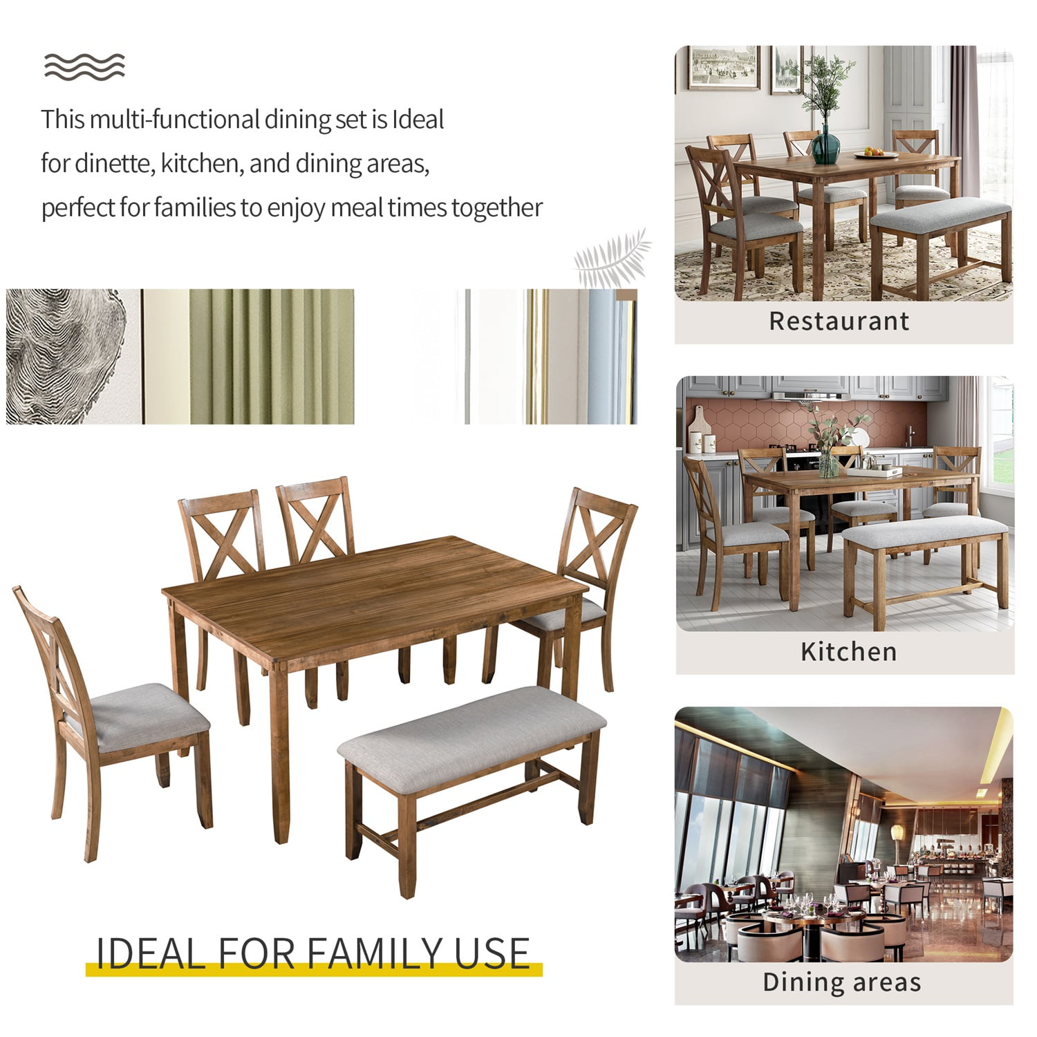 Kadyn 6-Piece Kitchen Dining Table Set Wooden Rectangular Dining Table, 4 Fabric Chairs and Bench Family Furniture (Natural Cherry)