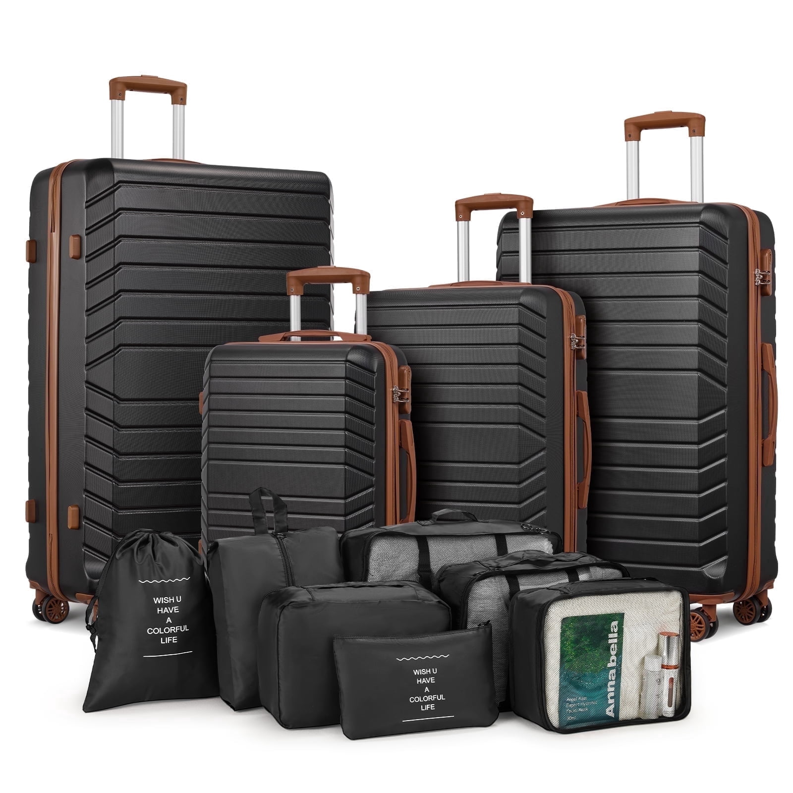 Gowill 4 Piece Luggage Sets with 7 Pieces Organizer Bags, 20/24/28/32 inch ABS Carry-on and Checked Suitcase Large Travel Sets, Black Tan