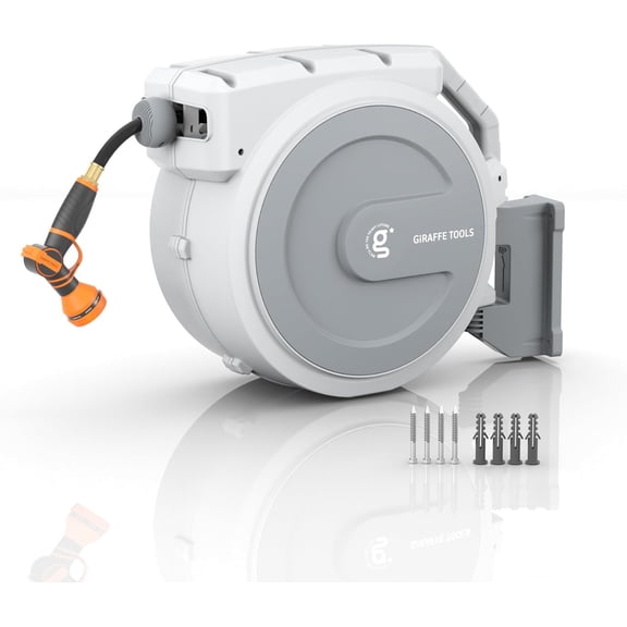 Retractable Garden Hose Reel, 5/8 in x 90 ft Heavy Duty Hose Reel With 9 Pattern Nozzle, Any Length Lock, Wall Mount Water Hose Reel, 180°Swivel, Light Grey