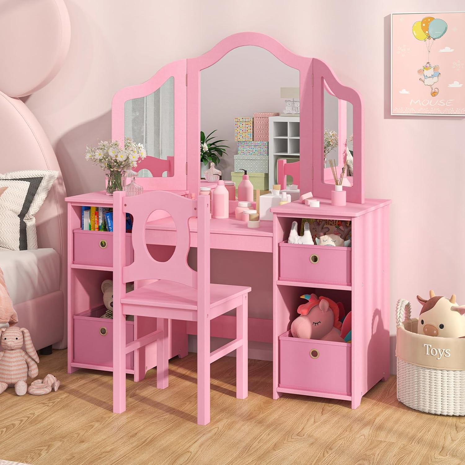 INFANS Kids Vanity Princess Makeup Desk and Chair Set with Lights Mirror Drawer Storage Shelves Wooden Dressing Table Pretend Play Vanity Set for
