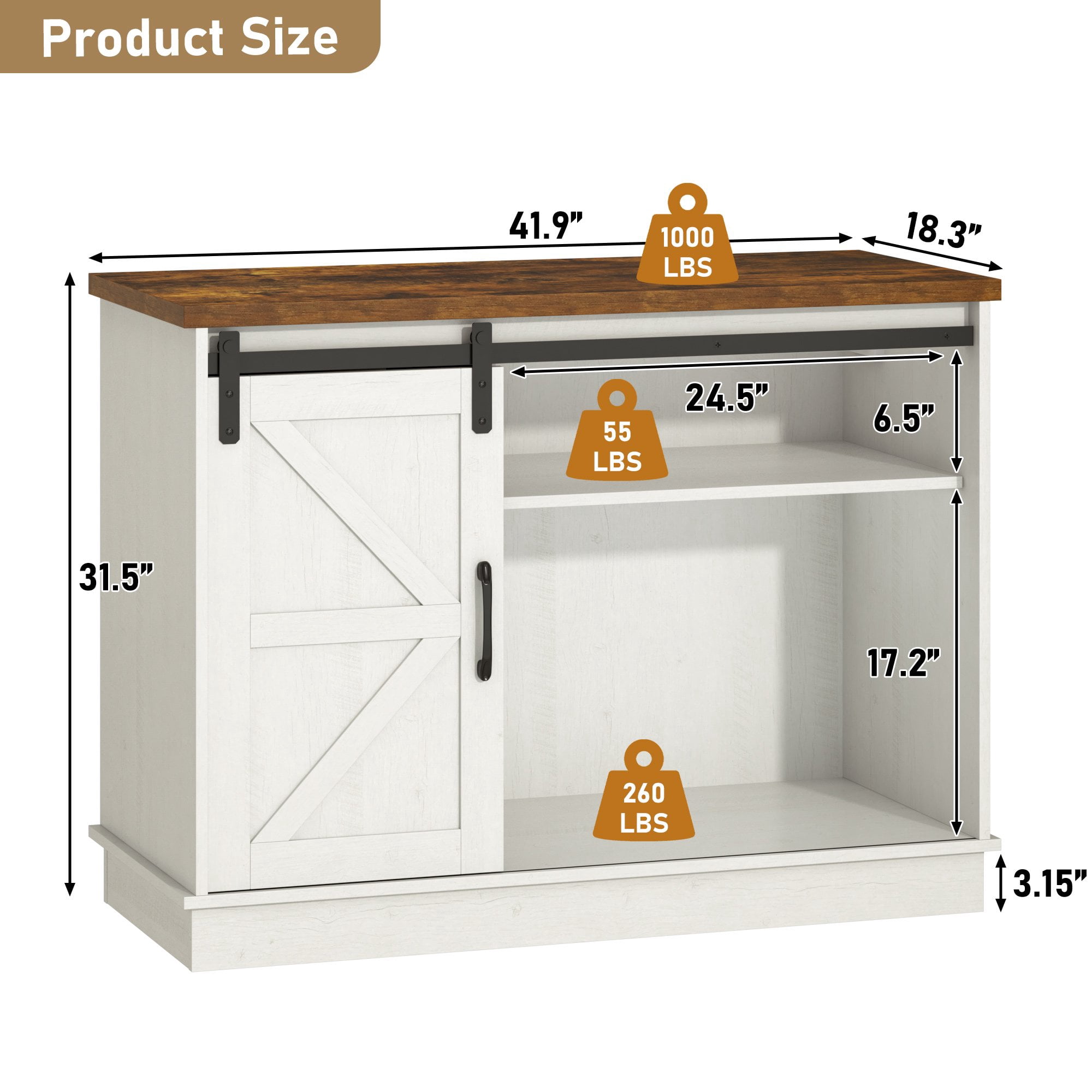 Blotout Farmhouse 40-50 Gallon Fish Tank Stand with Power Outlet, 41.7"Aquarium Stand with Storage/Sliding Barn Door, Heavy Duty Tank Stand for 2 Fish Tank/Reptile Terrarium, 1000lbs Capacity,White