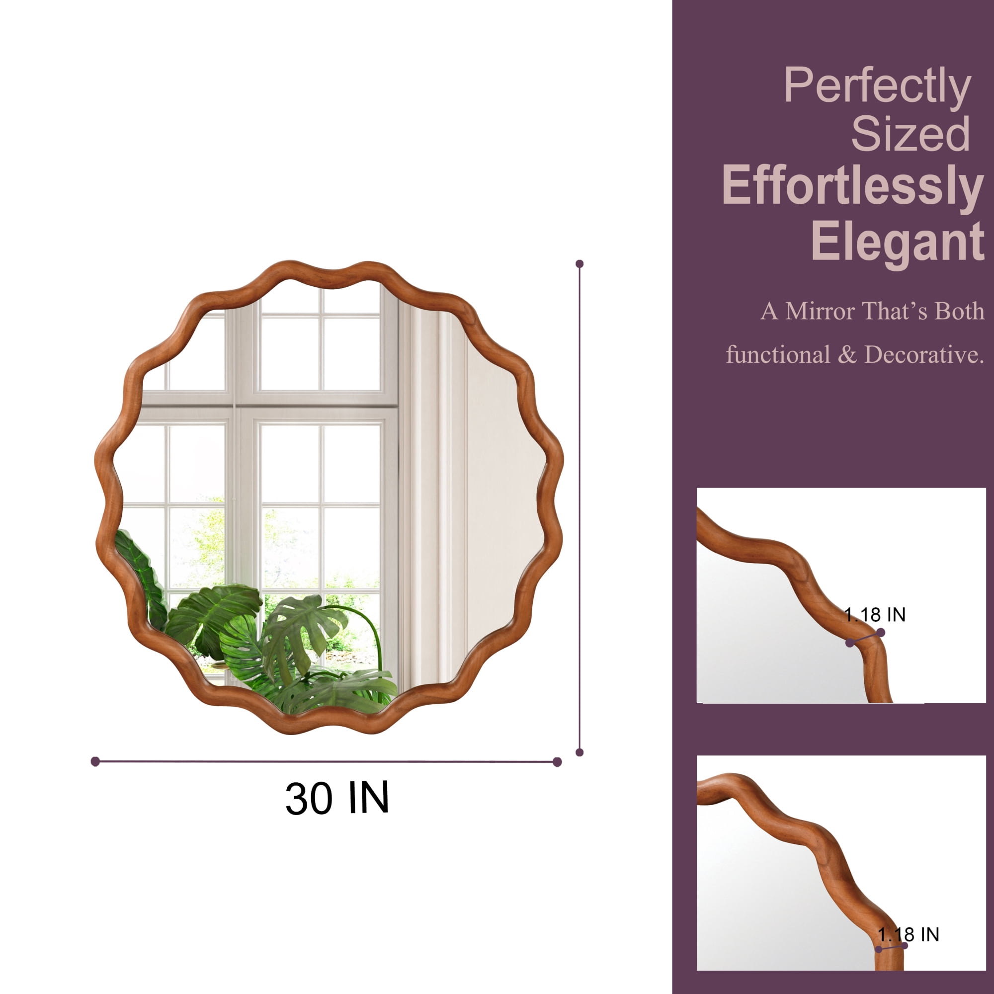 Leumius 30" Wavy Round Mirror, Solid Wood Frame Decorative Mirror for Bedroom Bathroom Living Room Entryway Brown