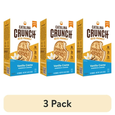 (3 pack) Catalina Crunch Vanilla Creme Keto Sandwich Cookies 6.8oz Box | Keto Snacks | Low Carb, Low Sugar | Vegan Cookies, Plant Based Protein Cookies | Keto Friendly Foods