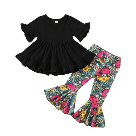 

Toddler Girl Clothes Short Sleeve Ruffles T Shirt Pullover Tops Cartoon Cow Printed Bell Bottoms Pants Kids Outfits Summer Outfits