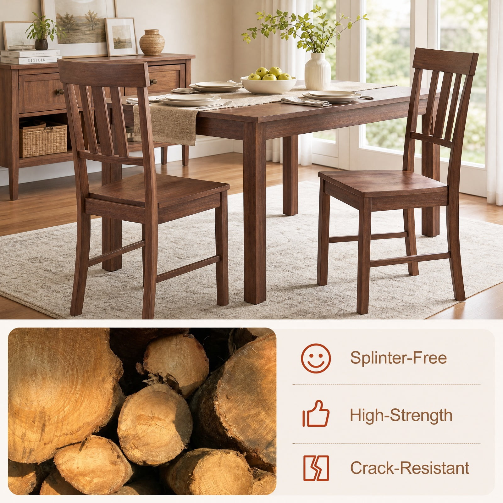 Furnibear Rubber Wood Dining Chairs Set of 2 with High Slat Backrests for the Dining Room Kitchen Study and Reception Room, Brown