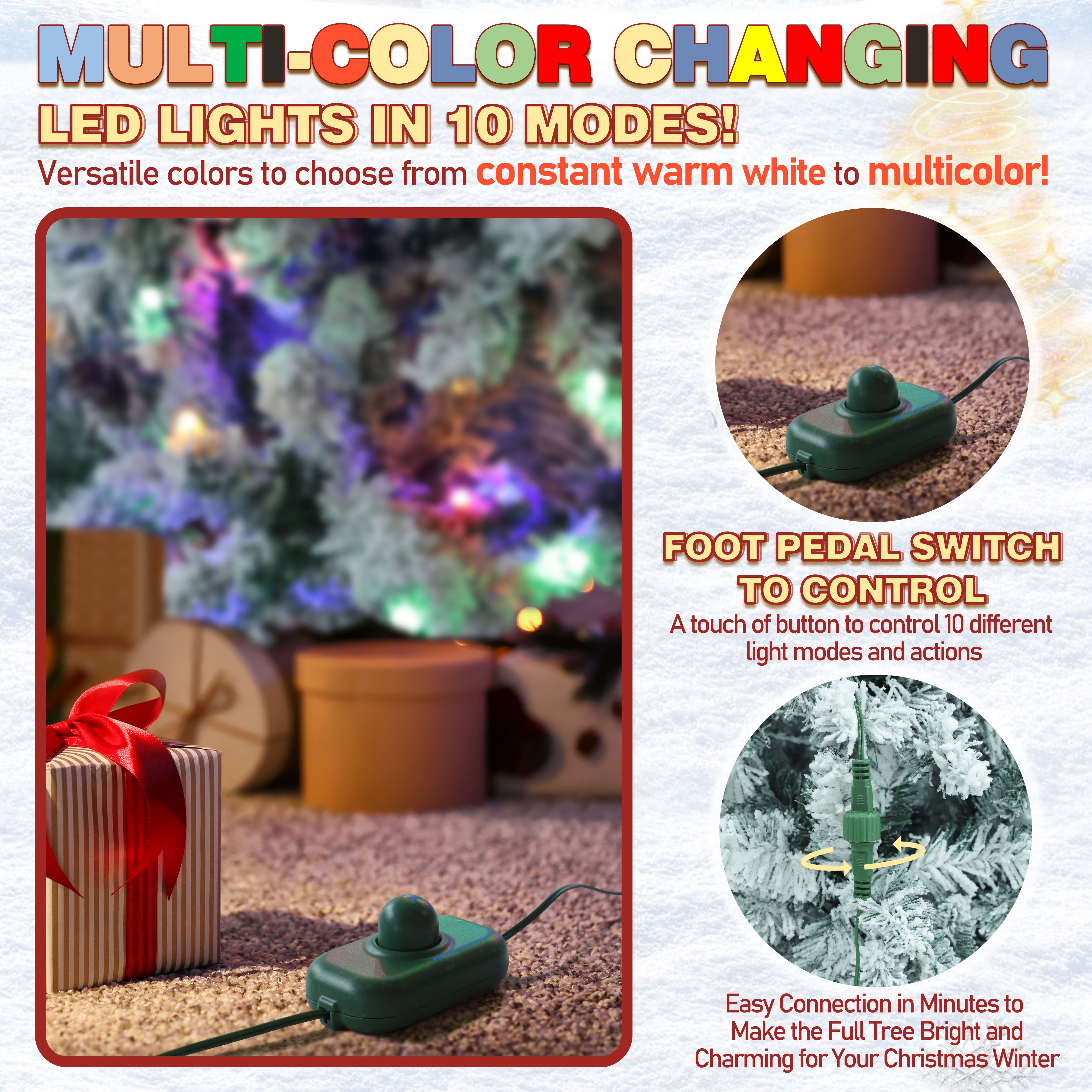 VEIKOUS 6.5ft Pre-Lit Christmas Tree Flocked Pine Tree W/ 350 Multi-Color Changing LED Lights for Holiday, Green