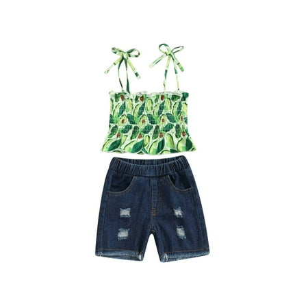 

Sunisery Kids Baby Girls Summer Clothes Sets Fruit Print Elastic Bust Sling Tops Elastic Waist Ripped Denim Shorts Green 3 Years
