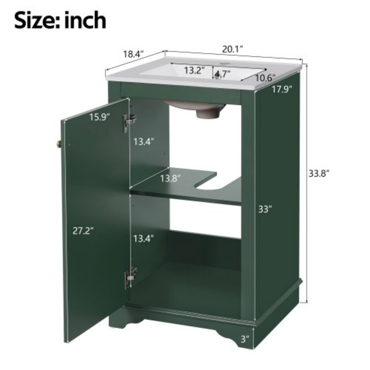 20" Bathroom Vanity with Ceramic Sink, Freestanding Bathroom Vanity Cabinet with Adjustable Shelf, Soft Close Door, Solid Wood Frame, Modern Green Vanity for Small Bathroom, Green