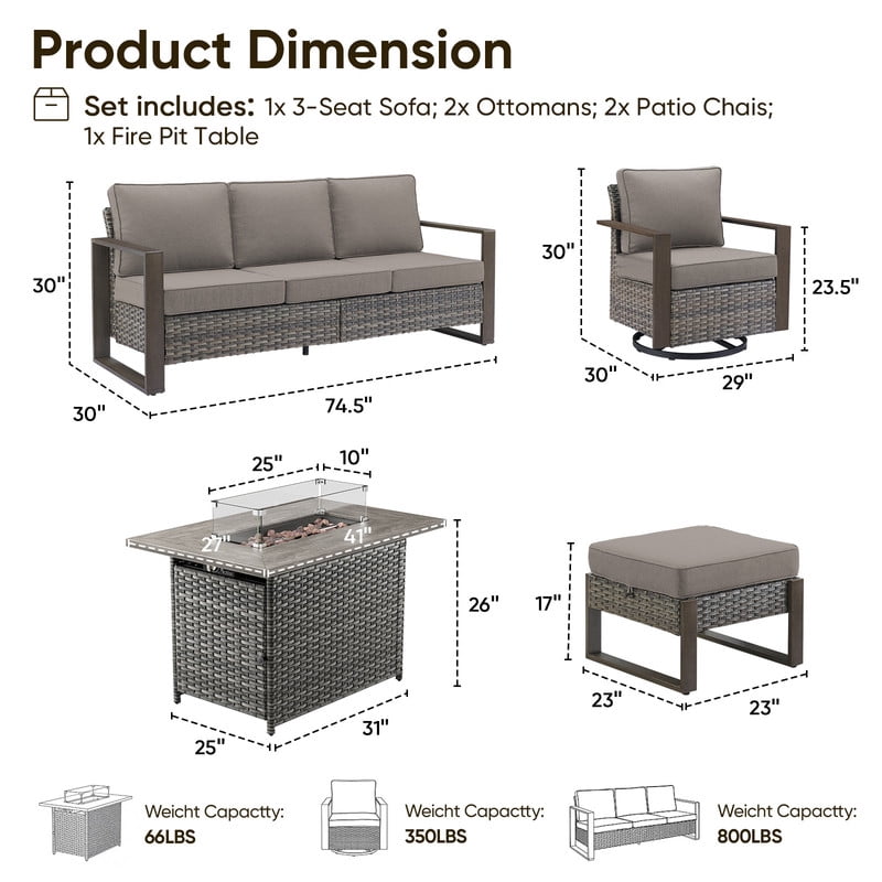 PARKWELL 6 Piece Outdoor Patio Furniture Set with Fire Pit Table,All-Weather Conversation Set with Swivel Glider Chair,7-Seat Patio Fire Pit Seating Sets for Backyard Gatherings, Gray/Gray