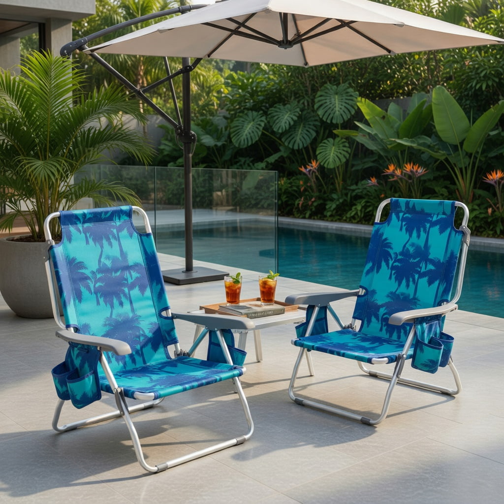 Hommoo 2-Pack Adjustable 5-Position Folding Beach Chairs with Portable Side Table, Aluminum Frame, Perfect for Camping, Fishing & Outdoor Relaxation, Navy