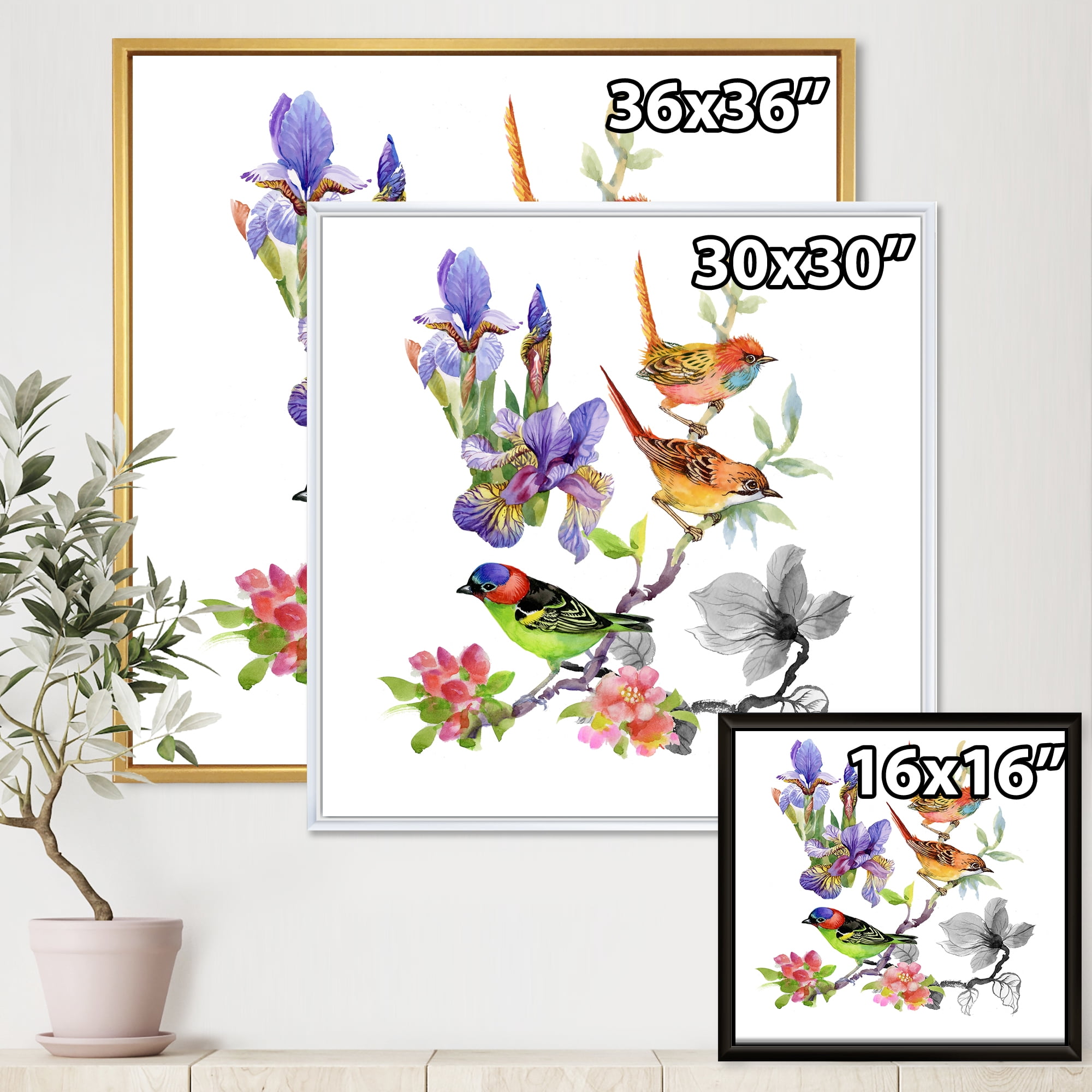 Colourful Birds and Tropical Flowers I 36 in x 36 in Framed Painting Canvas Art Print, by Designart