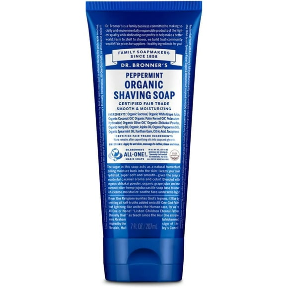 Dr. Bronner's - Savon à Raser Bio (Menthe Poivrée, 207 ml) - Certifié Bio, Poudre de Sucre et Shikakai, Apaise et Hydrate pour un Rasage de Près Confortable, Utilisation sur le Visage, les Aisselles et les Jambes
