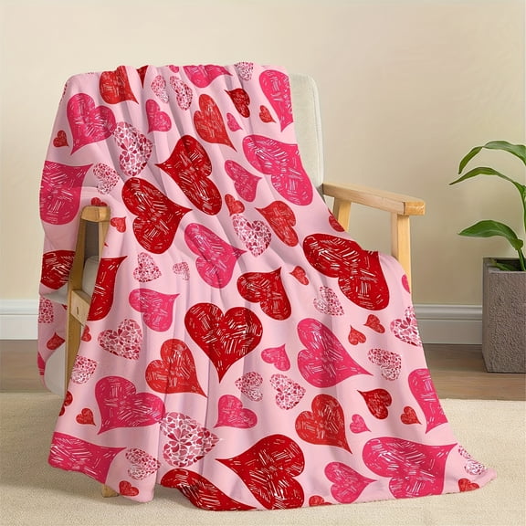1pc Valentine's Day Reversible Flannel Blanket - Red & Pink Heart Print,, Lightweight All-Season Throw for Bed, Couch, or Home Decor - Machine Washable Romantic Gift