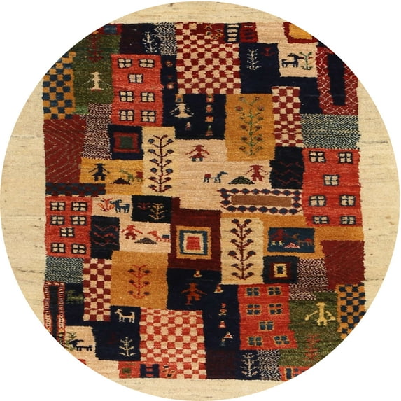 Ahgly Company Machine Washable Indoor Round Contemporary Yellow Orange Area Rugs, 3' Round