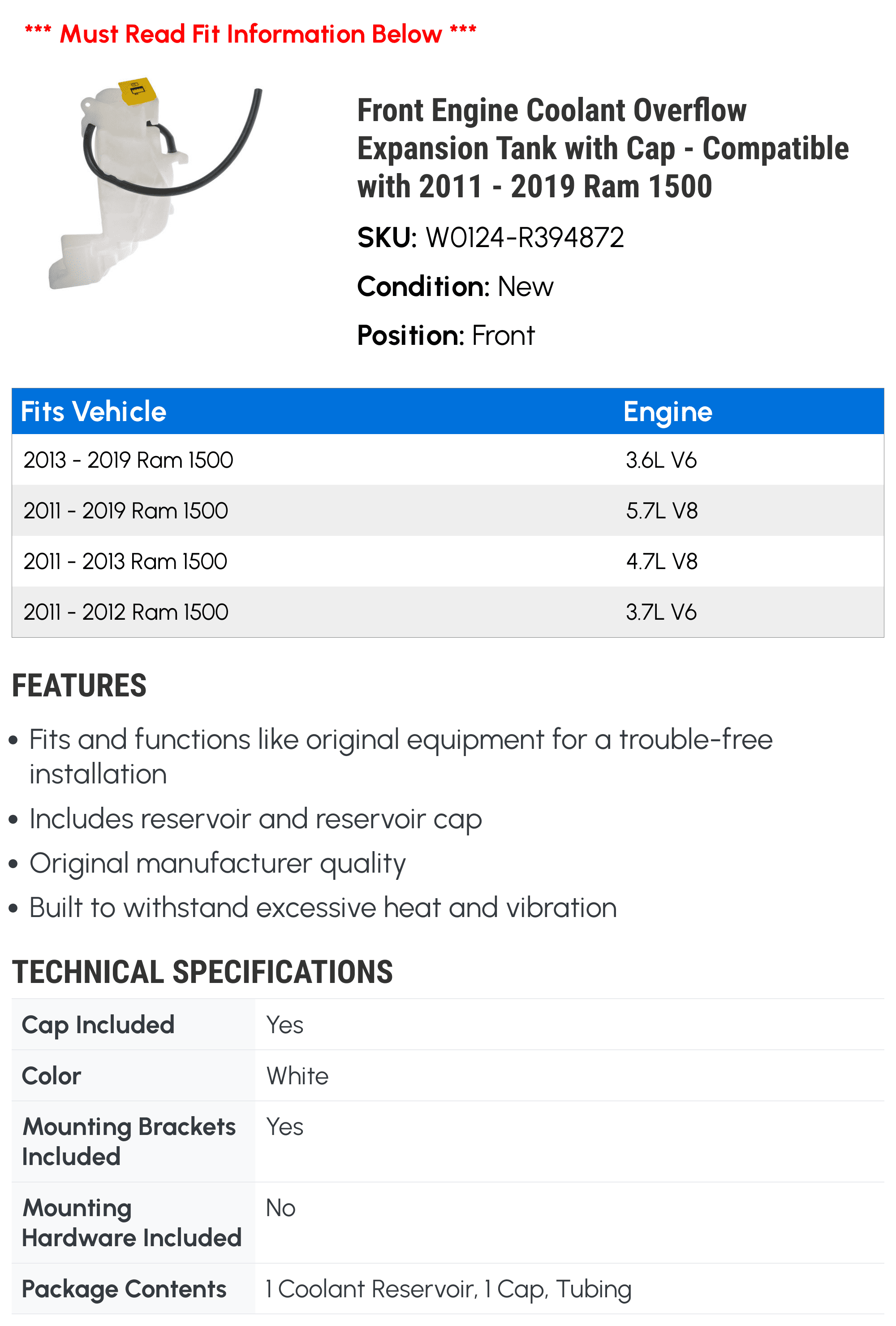 Front Engine Coolant Overflow Expansion Tank with Cap - Compatible with 2011 - 2019 Ram 1500 2012 2013 2014 2015 2016 2017 2018