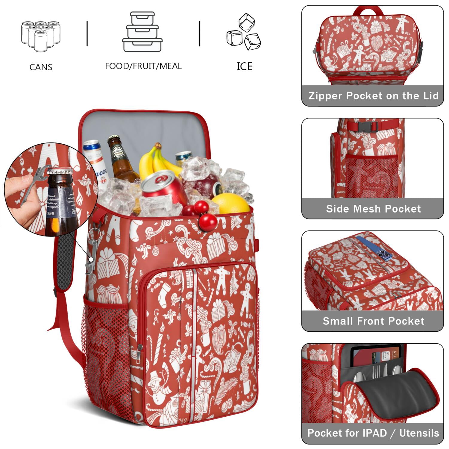 Travel Cooler Bag - Red Christmas Pattern Camping Beer Cooler Backpack with Bottle Opener- Waterproof Insulated Picnic Backpacks - Cooler Bag for Beach
