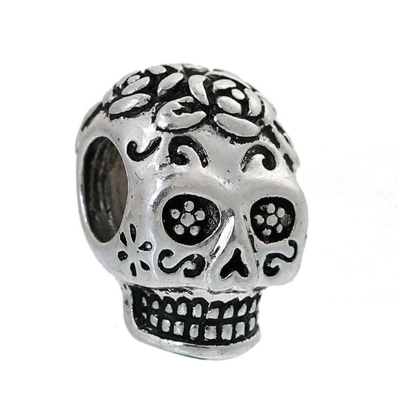 Sexy Sparkles Day of the Dead Sugar Skull Bead Halloween European Charm Fits Compatible Bracelet and Bangle Zinc Based Alloy