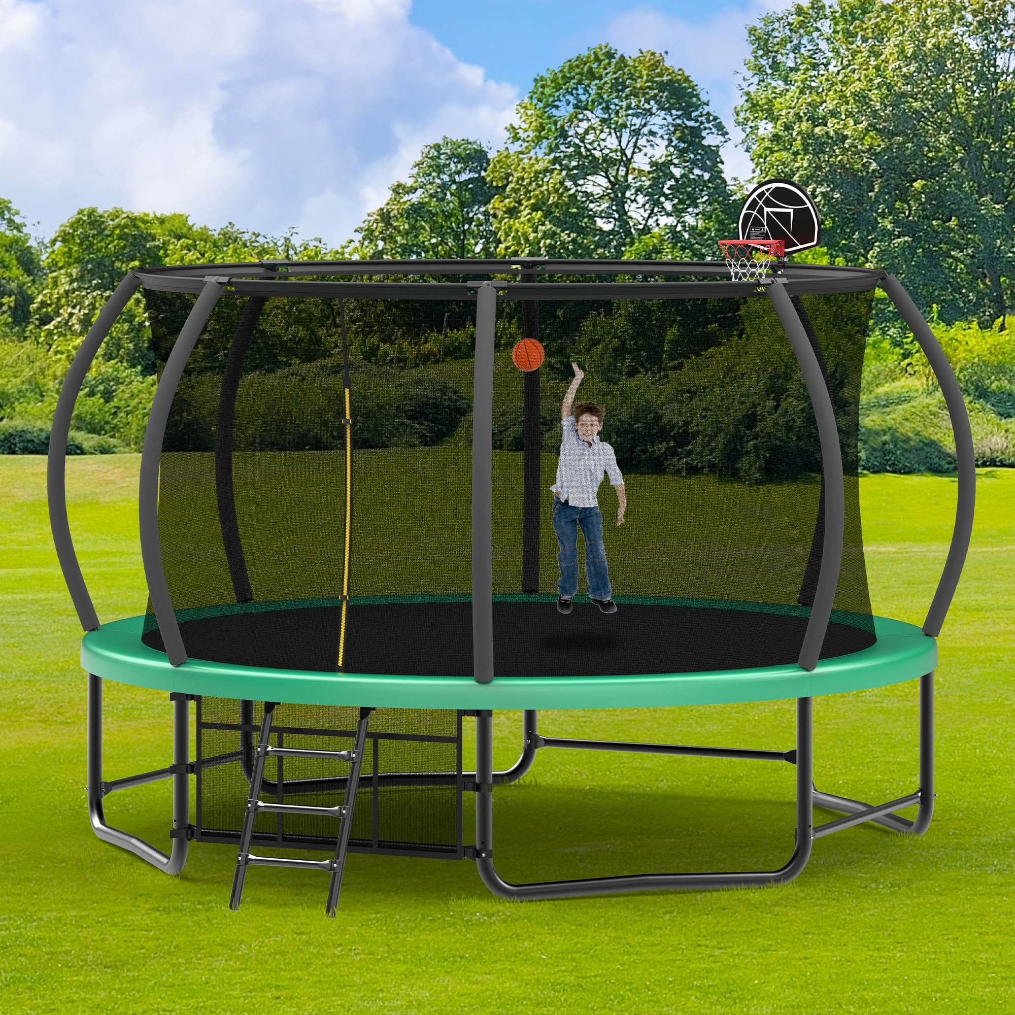 Leumius 14FT Trampoline with Basketball Hoop,Outdoor Pumpkin Recreational Trampolines with Ladder,Heavy-Duty Trampoline with Safety Enclosure for Kids and Adults,Green