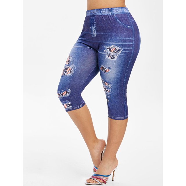 Más el tamaño de la bandera americana 3D Imprimir recortada Jeggings Rosegal Leggings de talla grande