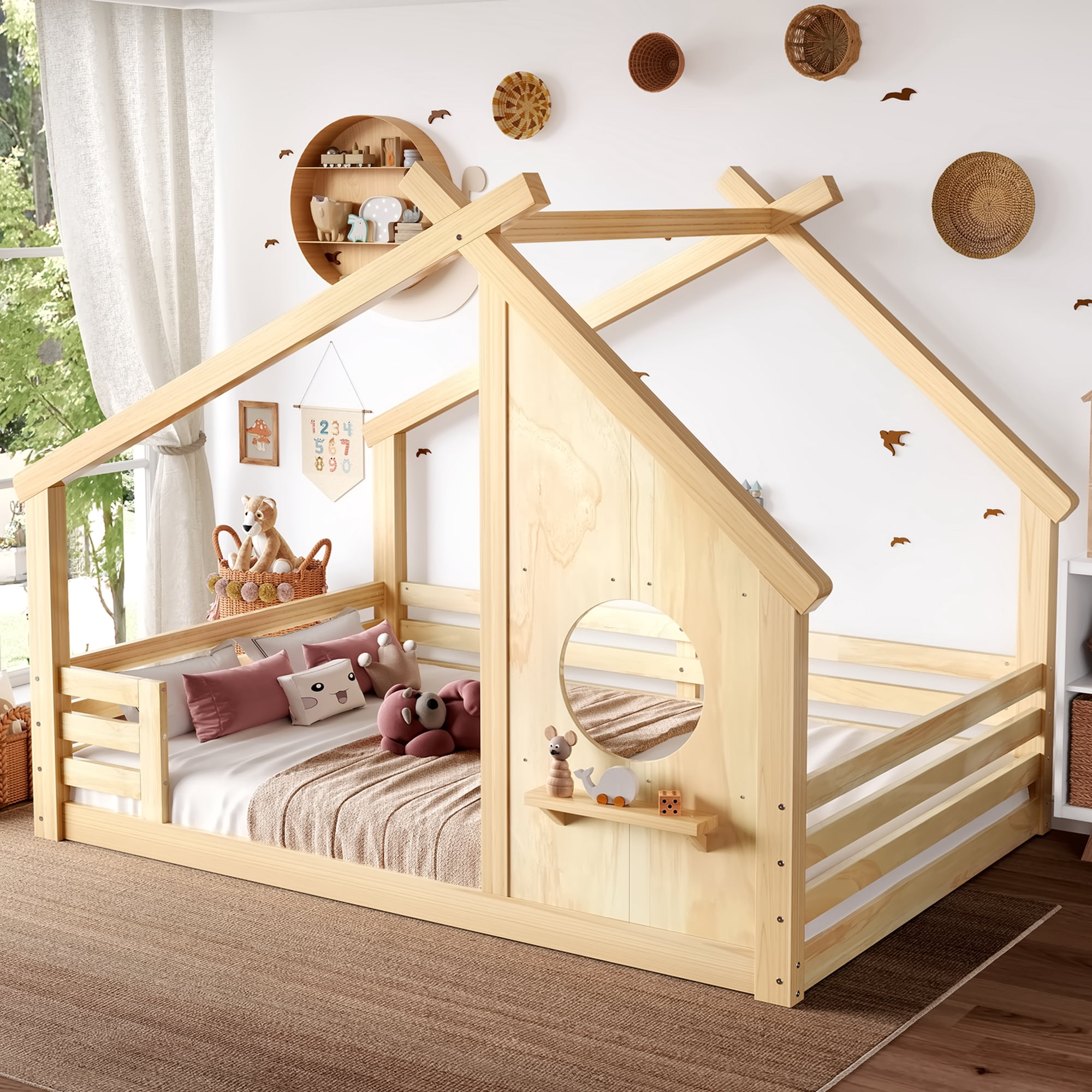 Jopath Full Size House Floor Bed with Window and a Small Shelf, Solid Wood Floor Bed with House-shaped Roof for Boys Girls Natural