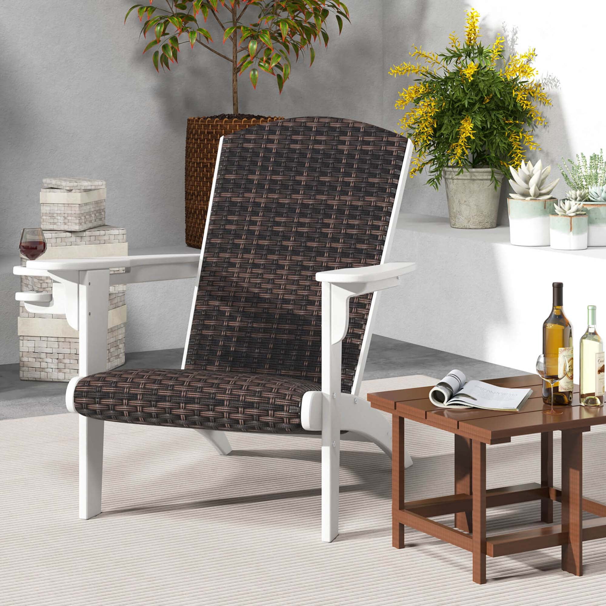 Costway Patio Adirondack Chair with Rattan Padded Seat Wide Armrests & Hidden Cupholder White