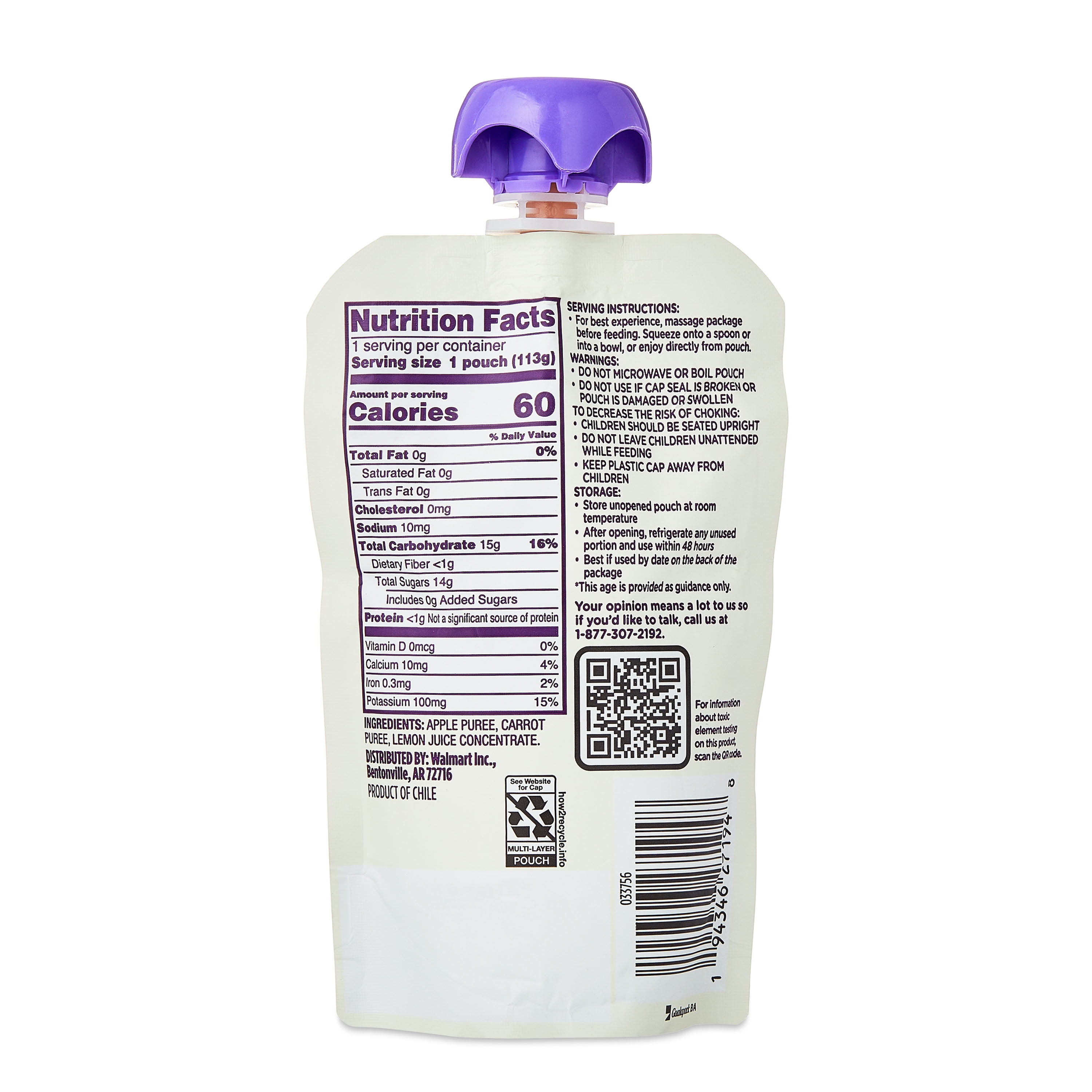 Parent's Choice Stage 2 Baby Food Apple and Carrot Puree, 4 oz Pouch