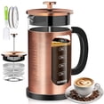 thumbnail image 1 of TECOHORS Cafetera de prensa francesa de 34 oz/1 cuarto de galón de acero inoxidable 304, con sistema de 4 filtros, vidrio de borosilicato de espesor resistente al calor, cafetera preparada (cobre), 1 of 5