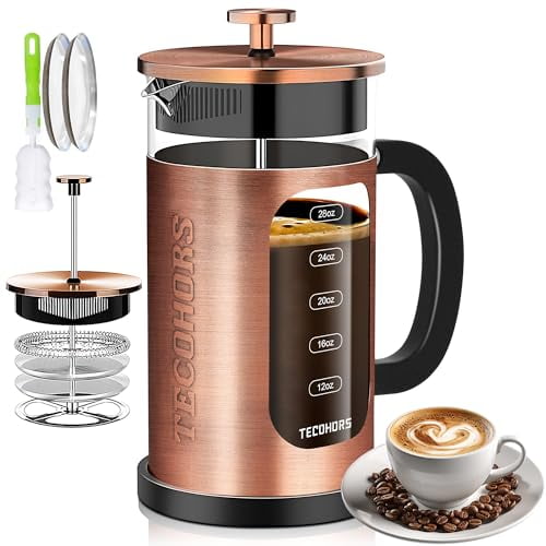 TECOHORS Cafetera de prensa francesa de 34 oz/1 cuarto de galón de acero inoxidable 304, con sistema de 4 filtros, vidrio de borosilicato de espesor resistente al calor, cafetera preparada (cobre)
