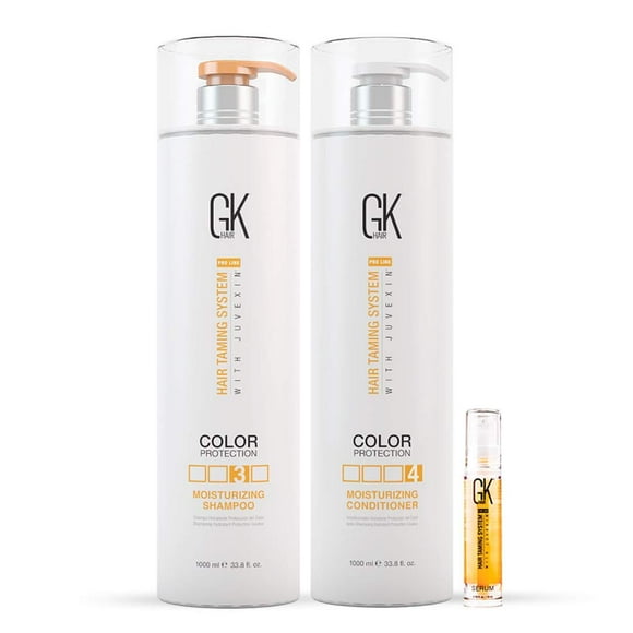 Global Keratin GK Hair Ensemble Shampooing et après-Shampooing Hydratants 1000ml Sérum Capillaire à l'Huile d'Argan Bio pour Contrôle des Frisottis Réparation des Cheveux Secs et Abîmés 10ml