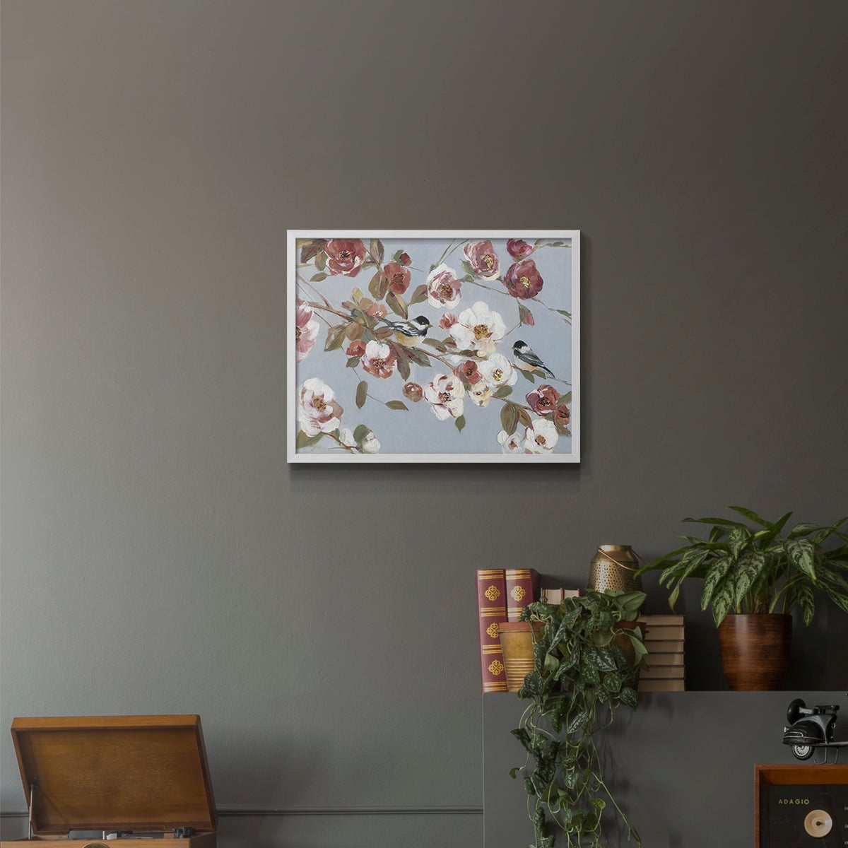 Chickadees and Blossoms II by Sally Swatland - Restickable Framed Giclée Print