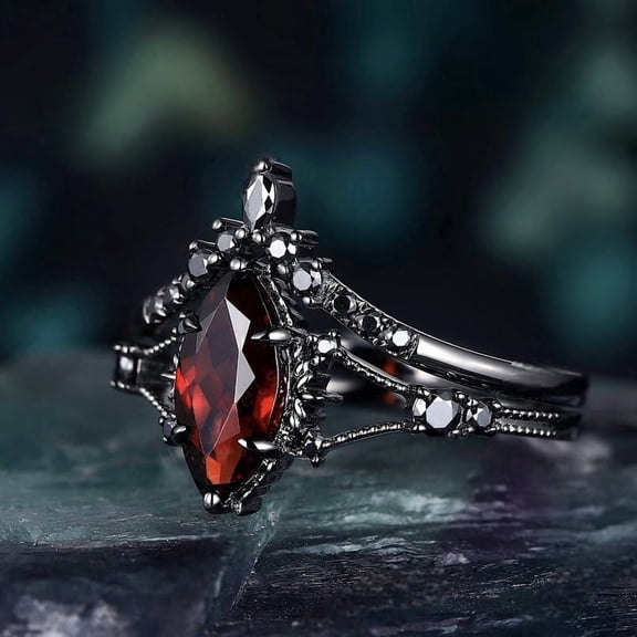 2Pcs Bling Marquise Simulated Red Gem Crown Ring Set for Women, Gunmetal Plated Vintage Gothic Engagement Style Costume Ring 8