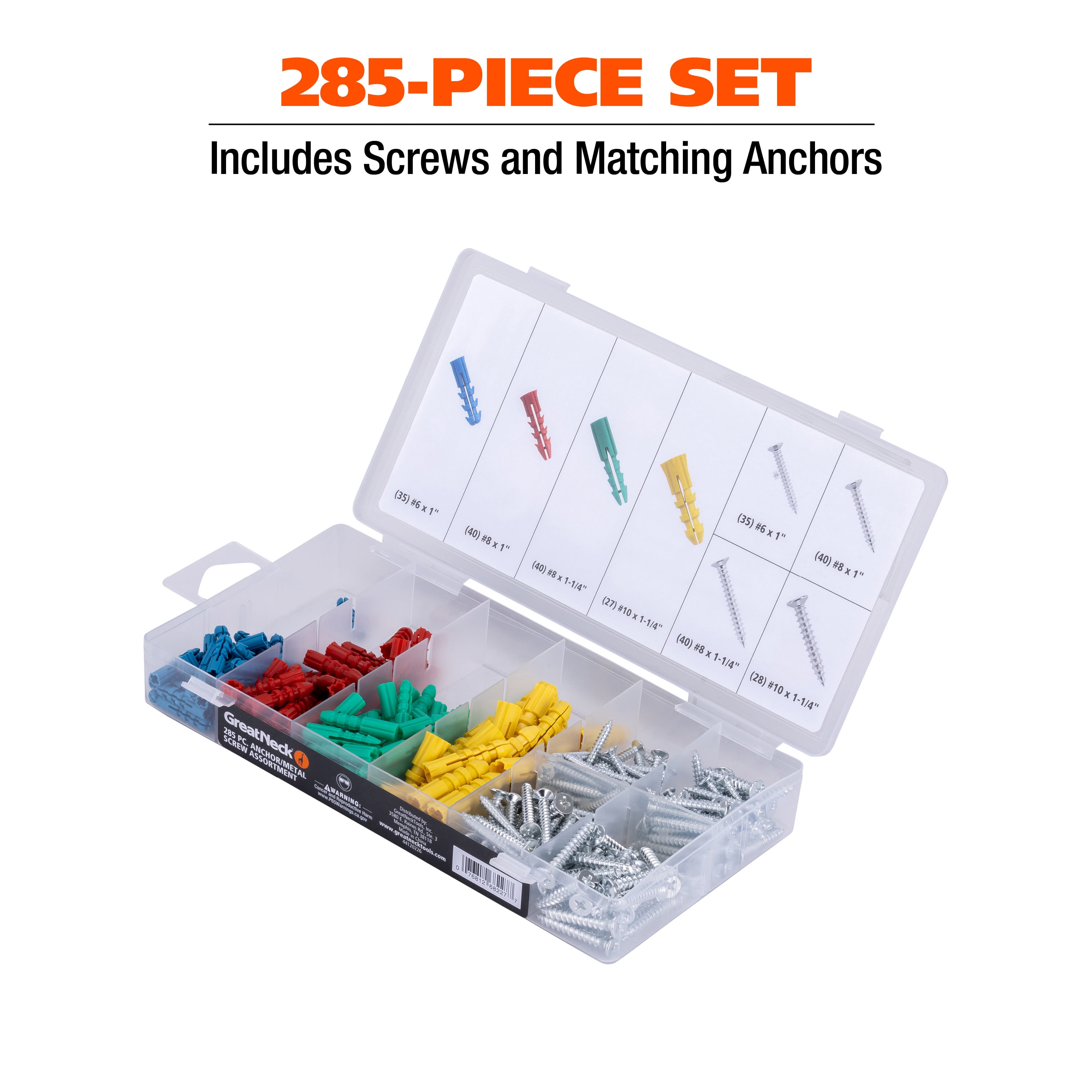 Great Neck Tools Anchor & Metal Screw Assortment, 285 Piece Set