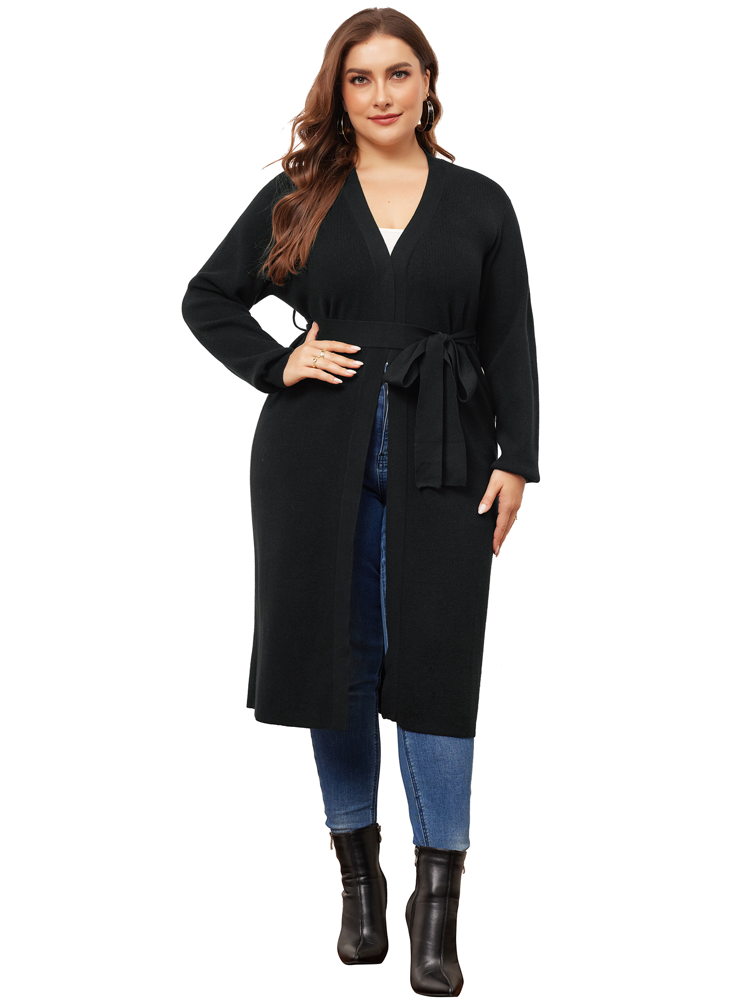 DARING DIVA Plus Size Sweater Knit Long Sleeve Belted Overwear 1X Black