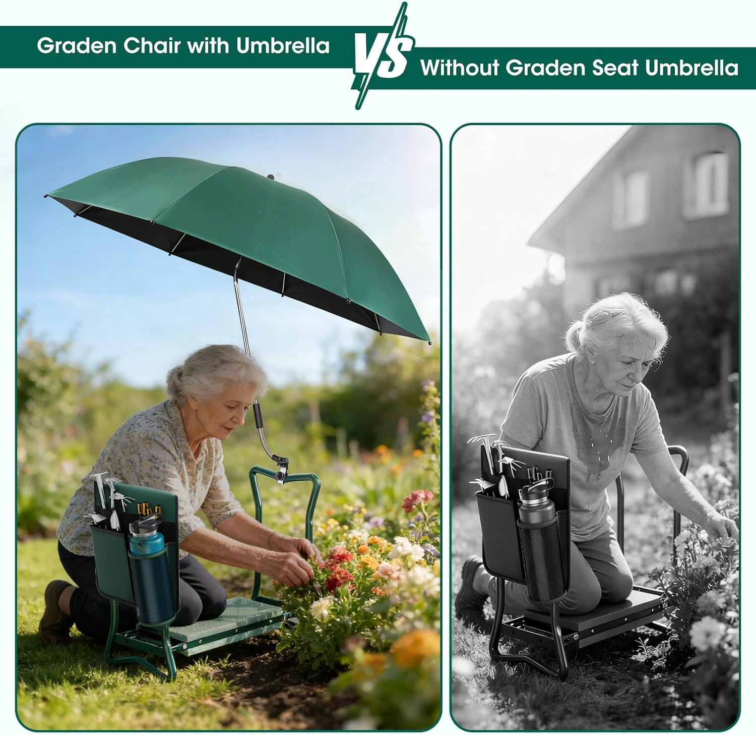 2-in-1 Garden Kneeler with Umbrella, Garden Kneeling Bench & Green Umbrella, Portable Garden Stool Loads Capacity 330lb and Garden Tools Bag with bottle holder, Gardening Gifts for Women,Men,Seniors