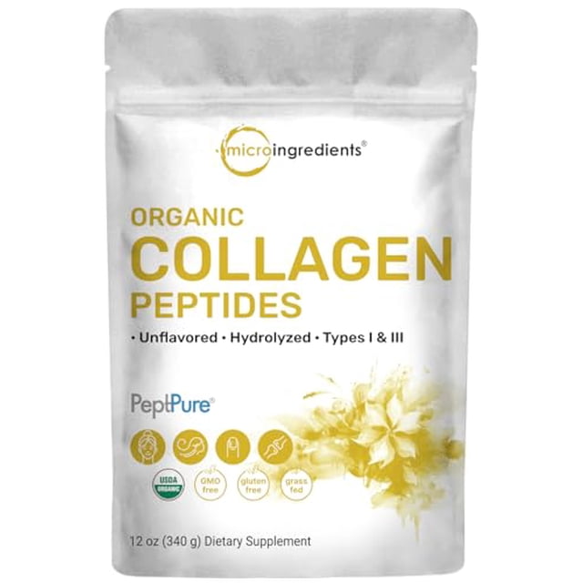 Micro Ingredients Péptidos de colágeno hidrolizado orgánico en polvo, 12 oz | Colágeno bovino tipo I y III para mujeres y hombres | Alta absorción | Sin sabor, apto para ceto y paleo | Fácil de mezcla