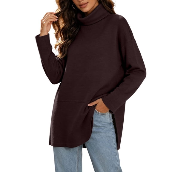 Bzdzmqm Women Plus Size Long Sleeve Knitted Pullover Tops Casual Crew Neck Side Slit Sweater Fall Winter Loose Fit Solid Basic Tunic Blouses for Daily Wear, Coffee 3XL