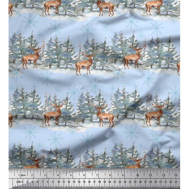 Soimoi Blue Velvet Fabric Reindeer & Snowflakes Tree Printed Craft Fabric by the Yard 58 Inch Wide