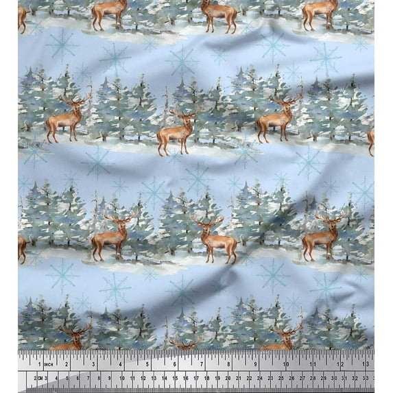 Soimoi Blue Cotton Cambric Fabric Reindeer & Snowflakes Tree Print Fabric by the Yard 42 Inch Wide