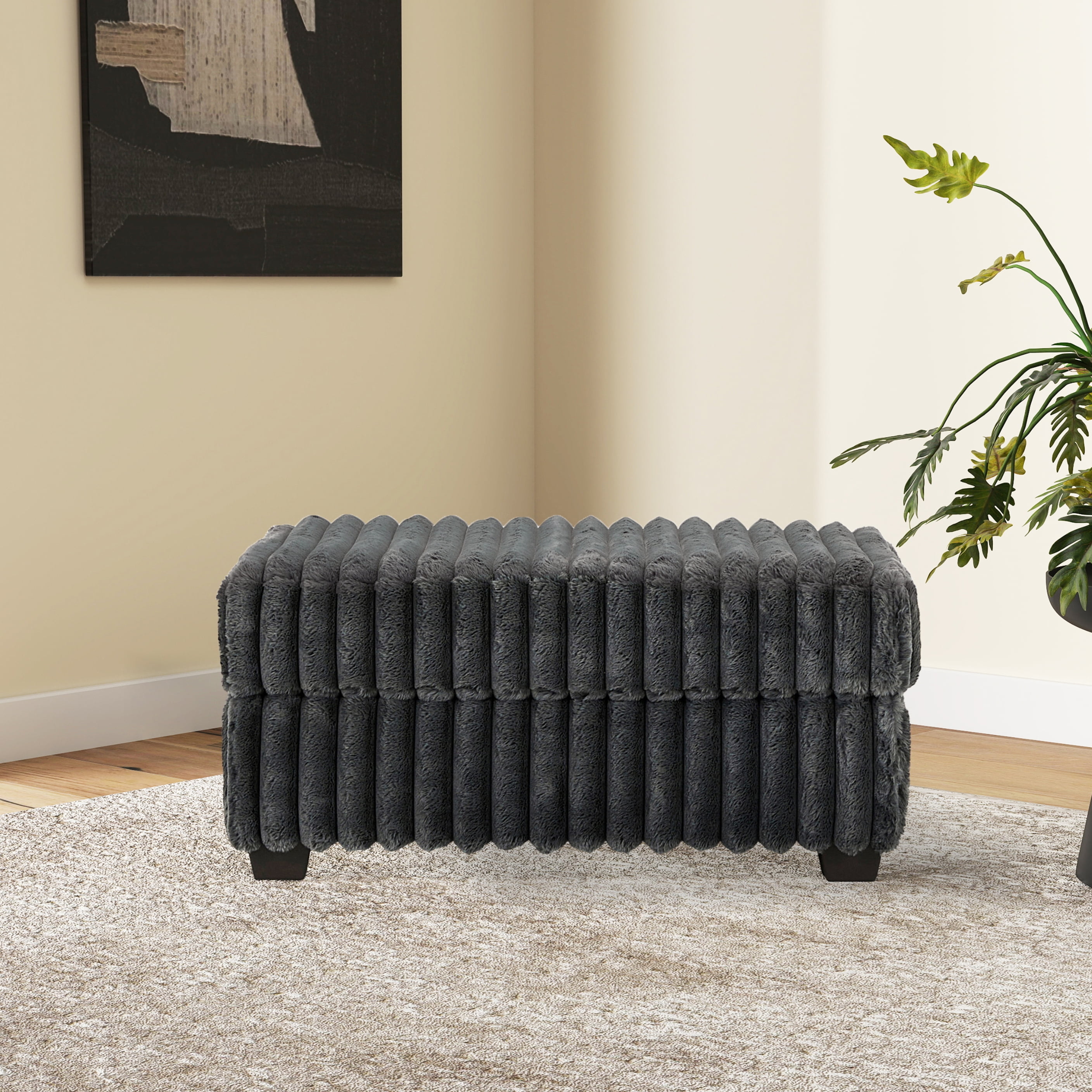 Roundhill Furniture Belvoir 2-PC Living Room Set, L-shape Sectional and Accent Ottoman, Charcoal
