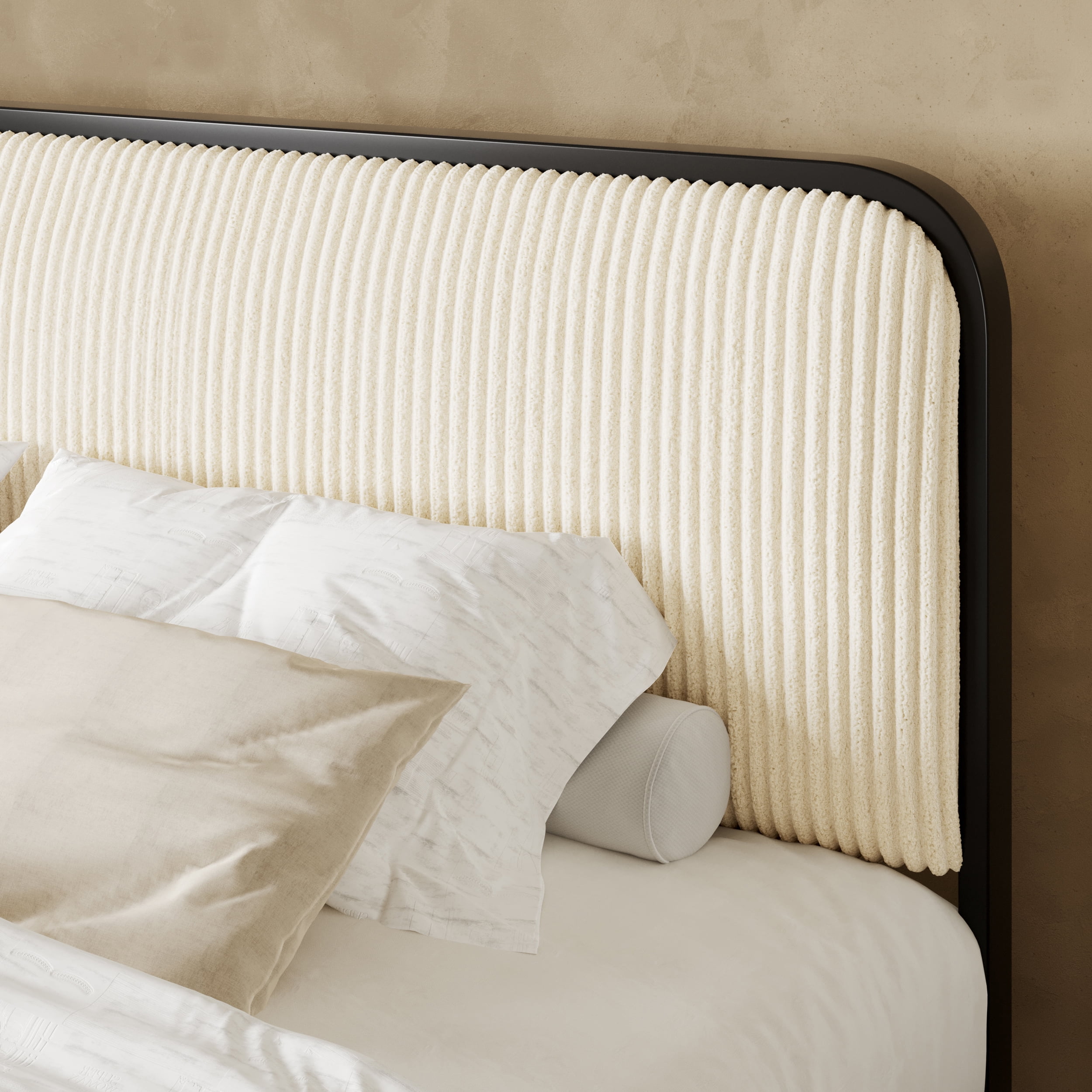 Allewie Full Bed Frame, Upholstered Platform Bed with Velvet Curved Headboard and Footboard, No Box Spring Needed, Cream White
