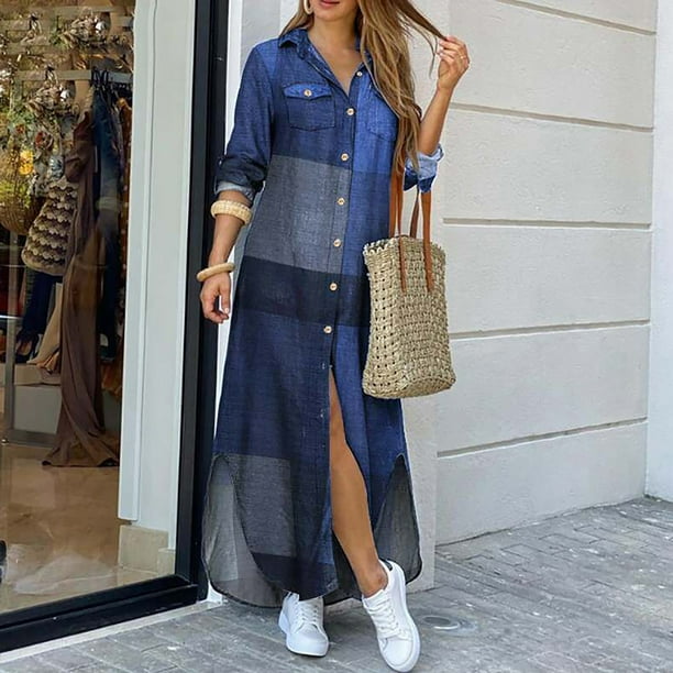 Vestido de camisa vintage para mujer Cadenas de cuadros estampados Cuello vuelto abotonado Fren Irfora Vestido de mujer