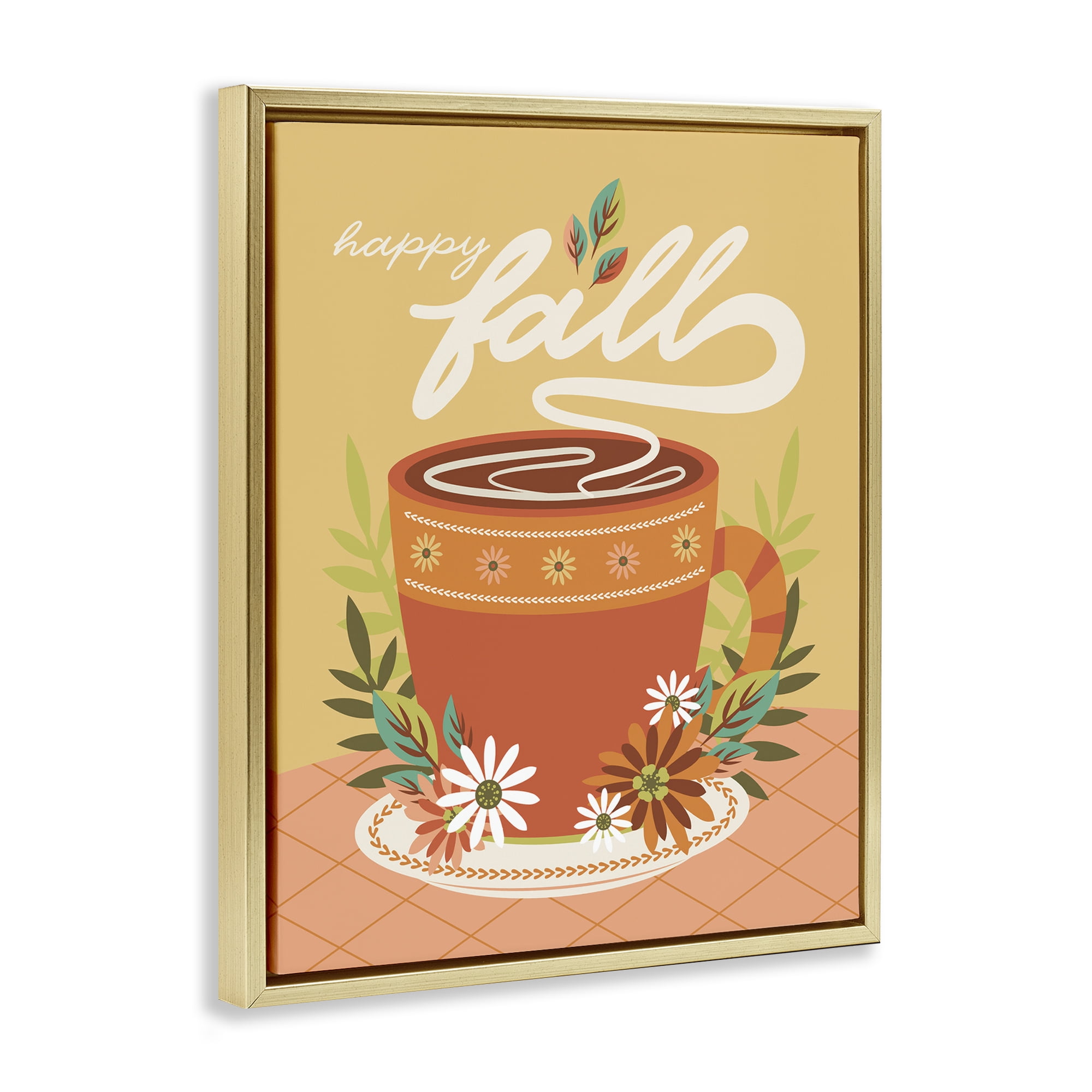 Stupell Industries Autumnal Mug & Flowers Food & Beverage Painting Gold Floater Framed Canvas Art Print Wall Art, 17 x 21