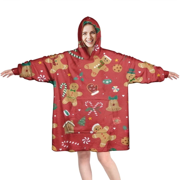 Wearable Oversized Blanket,Red Christmas Gingerbread Man Pattern Wearable Blanket Hoodie for Adults,Cozy Hooded Blankets with Super Pockets,Super Warm Fuzzy Pullover for Women & Men