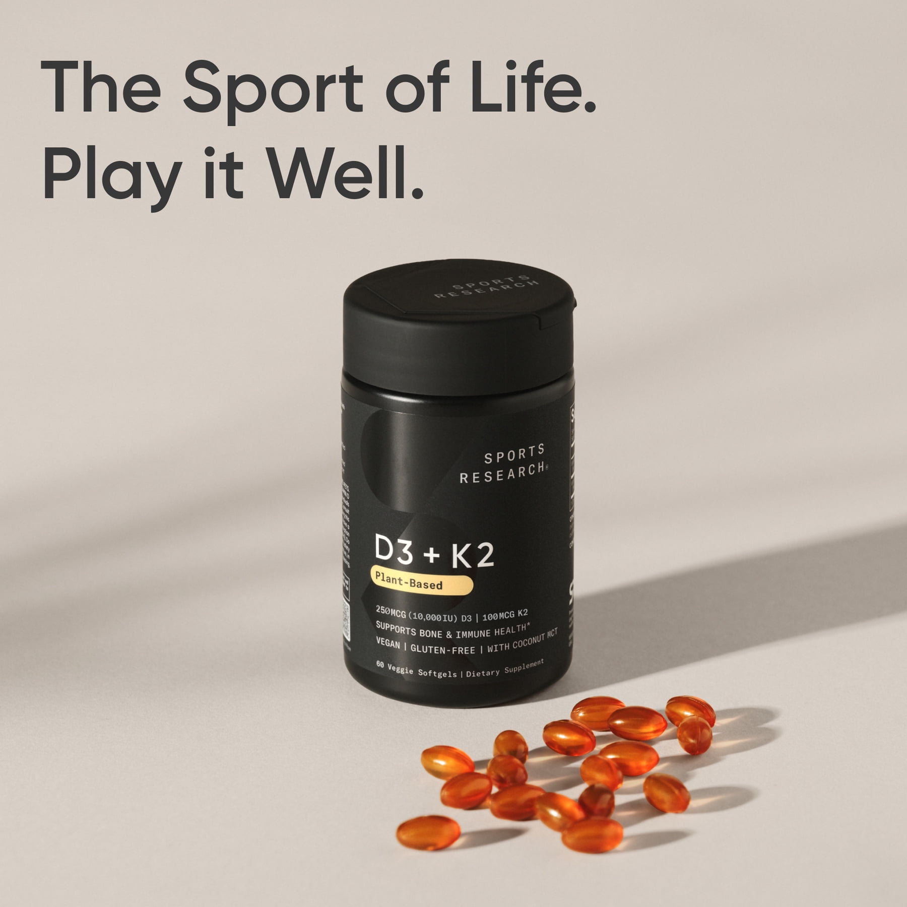 Sports Research® SR Vegan D3 10,000iu Vitamin K2 100mg Vegan Certified Soy Gluten Free (60 Veggie Softgels)