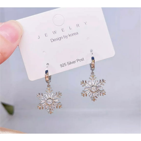 Pierced 1 1/2" silver hoop clear baguette stone snow flake earrings