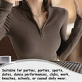 thumbnail image 5 of Women's Long Sleeve Round Neck Ribbed Fitted Crop Top Tee Shirt, Zipper Top, Solid color long sleeved T-shirt-Coffee&S, 5 of 5