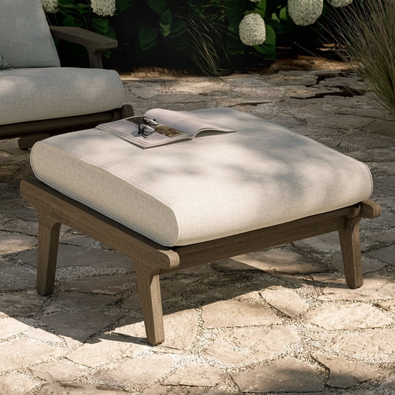 Saratoga Outdoor Teak Ottoman in Weathered Gray Pebble