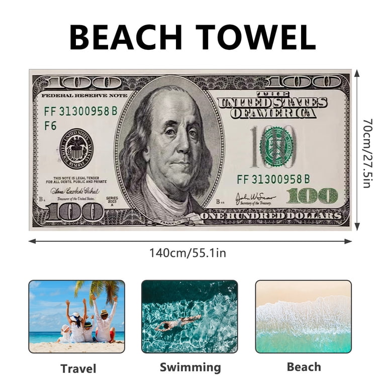 Serviette De Plage XXL 140x70 Cm – Motif Billet De 100 Dollars – Ultra Douce, Séchage Rapide Et Ultra Absorbante