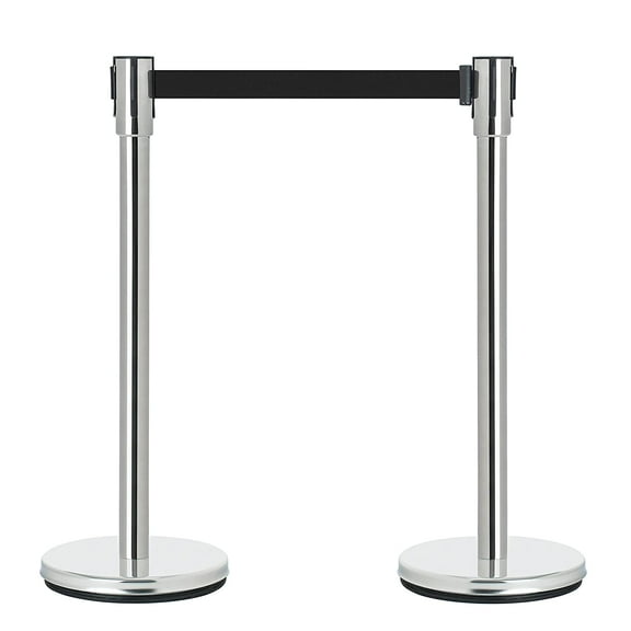 DuraSteel Crowd Control Stanchion Belt Barriers - Stainless Steel Stanchions with 6.5 Feet Black Retractable Belts - Heavy Duty Safety Barrier Stands & Line Dividers - 2 Set/Pack